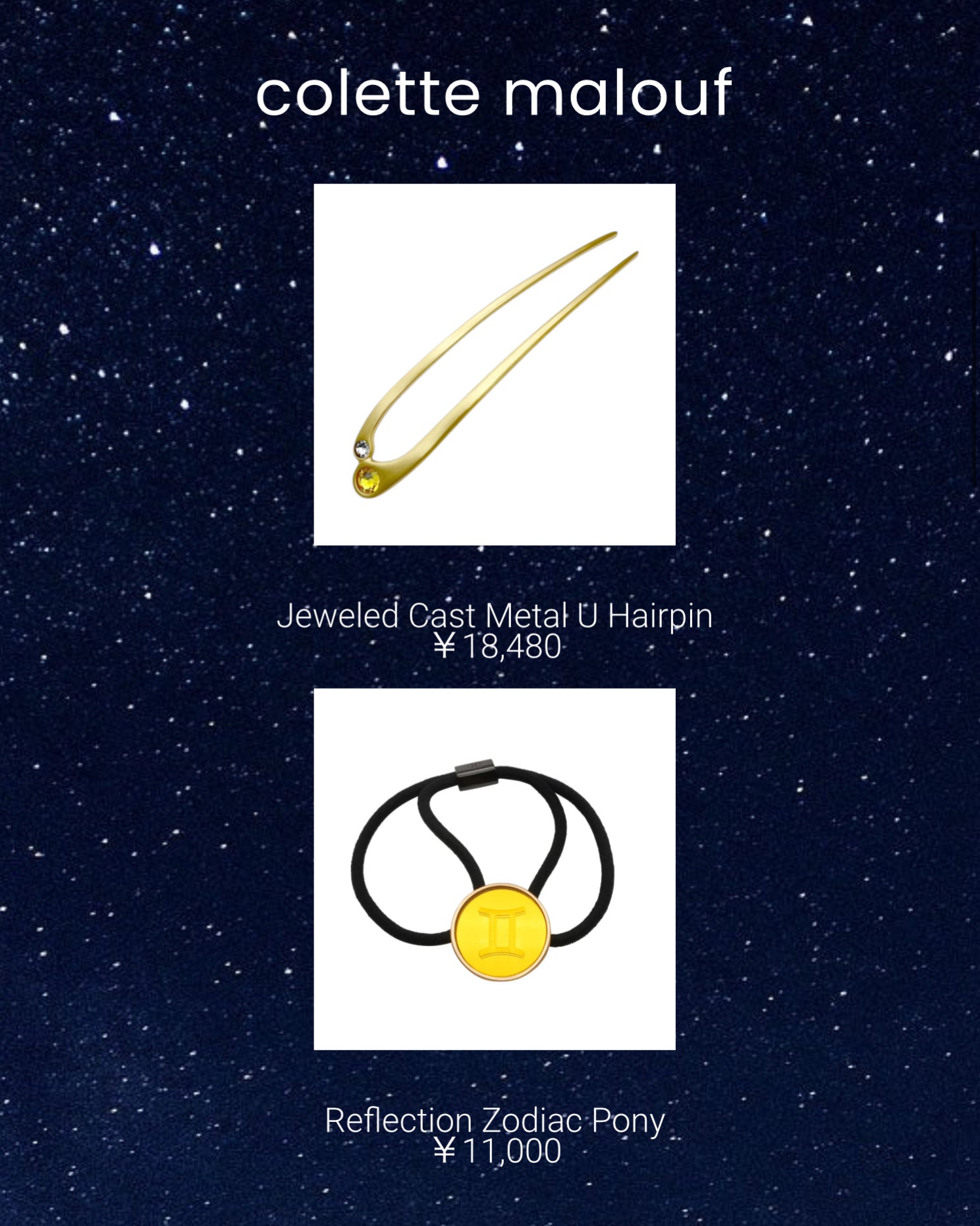 上:Jeweled Cast Metal U Hairpin 18,480円(税込) 下:Reflection Zodiac Pony 11,000円(税込)